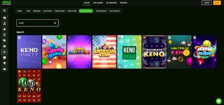 A screenshot of an online keno game at Wild Casino, one of the best real money keno sites.